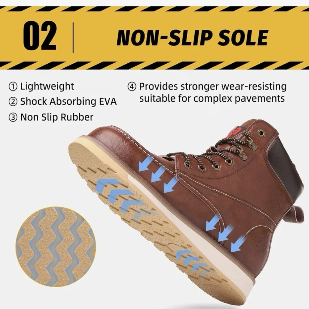 Brown Lace-Up 8.5  Toe Work Boots, Non-Slip Sole, Water-Resistant safety shoes